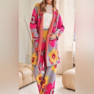 Printed Button Down Cardigan With Front Pockets